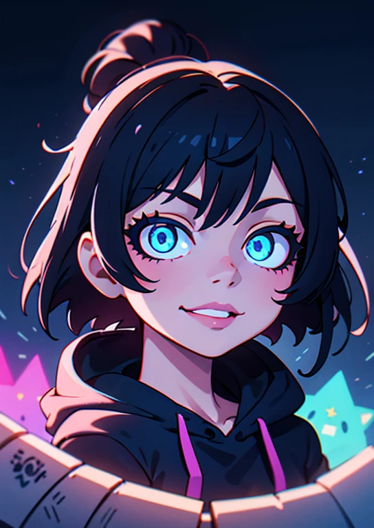 ((best quality)), ((masterpiece)), (detailed), perfect face, detailed background, masterpiece, best quality, smile, ornament, hoodie, portrait, blue neon, graffiti, dark, night, glowing eyes, blacklight
