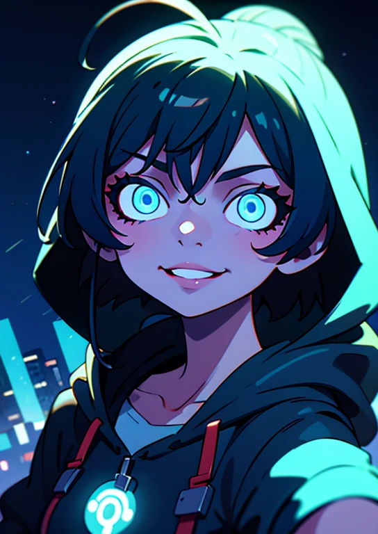 ((best quality)), ((masterpiece)), (detailed), perfect face, detailed background, masterpiece, best quality, smile, ornament, hoodie, portrait, blue neon, graffiti, dark, night, glowing eyes, blacklight
