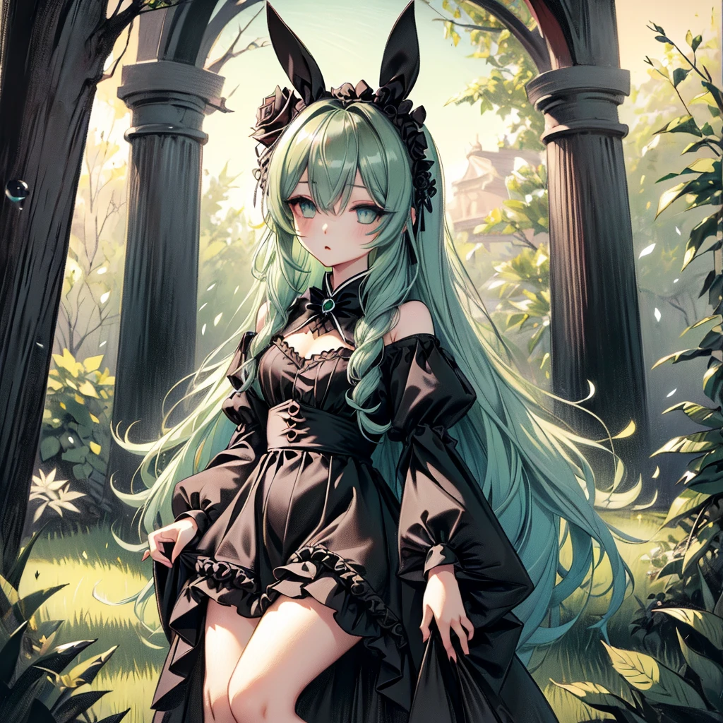 (best quality,In 4K,High resolution,muste piece:1.2),Super detailed,Reality,high contrast,Halloween,Shadow,deep green,gothic font,haunting,Expressive,colored,mood lighting, 1 girl with bunny ears, goth cloth, flat chest