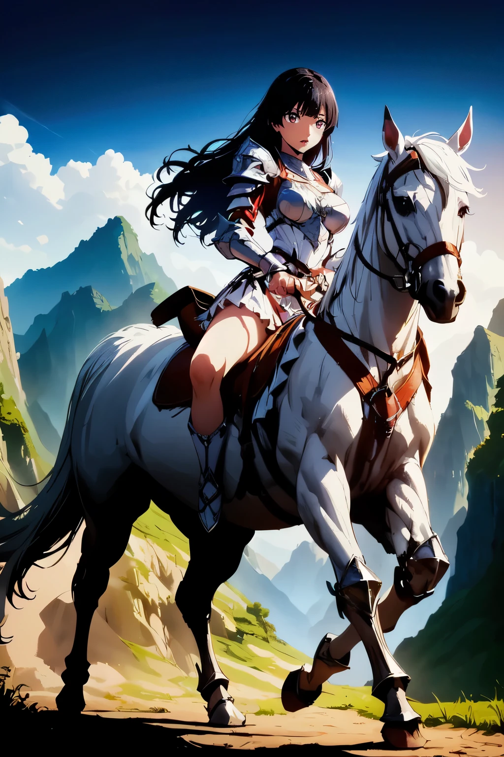 ((best quality)), ((anime masterpiece)), (high detailed), 8k, cinematic lighting, perfect face, a young female knight riding a HORSE, holding long sword, one hand holding horse rein, horse reared up, looking at the ground, open mouth, (kjosakuya, red eyes, hime cut, long hair, {black hair}, medium breast), (white armor, silver pauldron, white miniskirt, bare legs silver armored boors), horse, (white horse:1.2, {white mane}, white tail, saddle, reins, bridle, stirrups), from side:1.2, FULL BODY, on the mountainside, solo, medieval fantasy settings, from side: 1.2, anatomically correct,