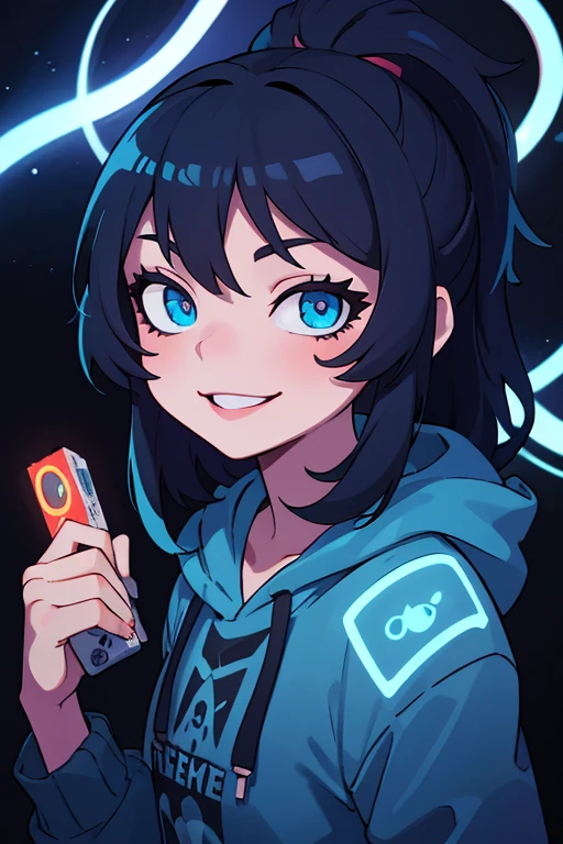 ((best quality)), ((masterpiece)), (detailed), perfect face, detailed background, masterpiece, best quality, smile, ornament, hoodie, portrait, blue neon, graffiti, dark, night, glowing eyes, blacklight
