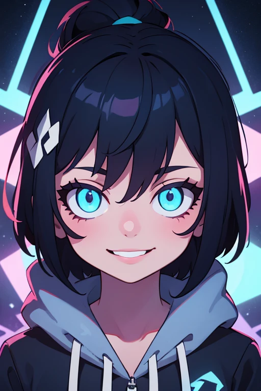 ((best quality)), ((masterpiece)), (detailed), perfect face, detailed background, masterpiece, best quality, smile, ornament, hoodie, portrait, blue neon, graffiti, dark, night, glowing eyes, blacklight
