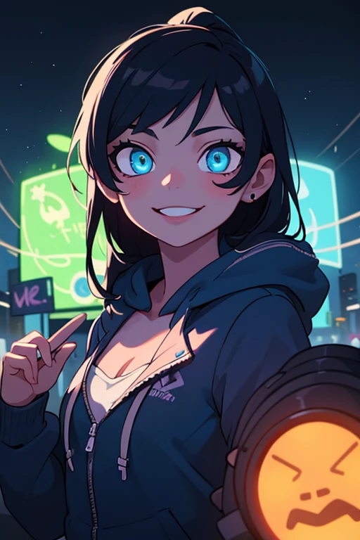 ((best quality)), ((masterpiece)), (detailed), perfect face, detailed background, masterpiece, best quality, smile, ornament, hoodie, portrait, blue neon, graffiti, dark, night, glowing eyes, blacklight
