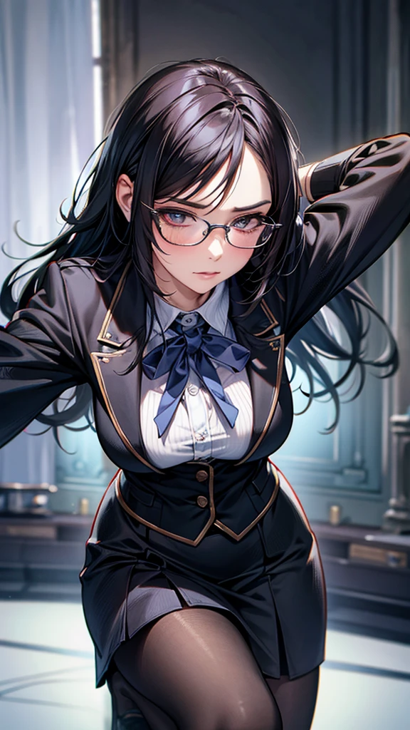 (1girl:1.3), Masterpiece, Best quality, amazing beauty, [[3D]], 4K, absurdres, finely detail, super detailed eye, perfect anatomy, official art, cinematic lighting, BREAK, bedroom, silky long hair, silky straight hair, blunt bangs, black hair, super shiny detailed blue eyes, big eyes, cute eyes, thick eyebrow, Looking at Viewer(camera), close-mouth, full lips, Eyeliner, False eyelashes, red lips, hairpin, surprised, BREAK , big breasts, tall, slender, wheat skin, lying on back, BREAK (kimono:1.3), (bare shoulders:1.2), BREAK,(Glasses)