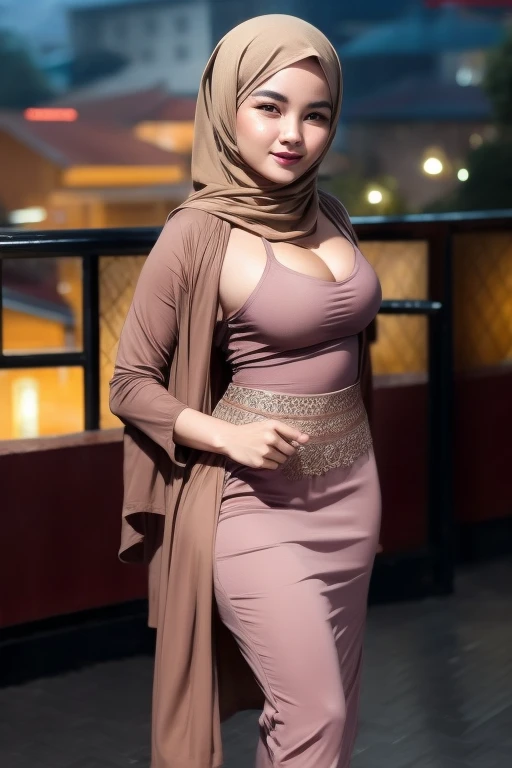 beautiful Malay girl in hijab but naked, walking in city street, front view, cityscape background, sunset, detail skin, detail skin texture, mole below eyes, (small breast, Ample cleavage), bround hip, slim abs, beautiful body, evening, satisfied,, blur background, bokeh, dramatic lighting, smoke effect, nsfw 