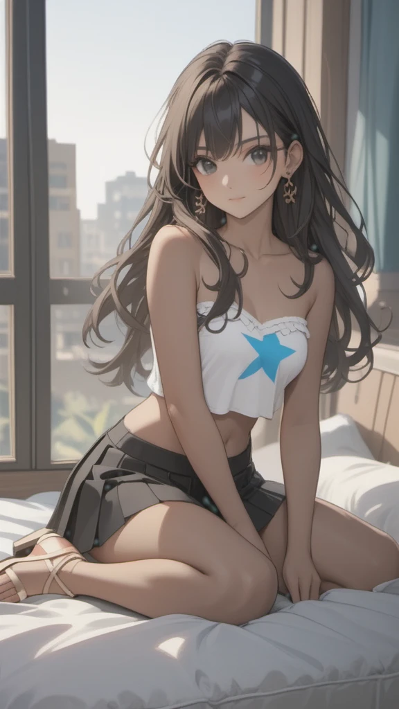 (((Adult woman)): (pleated miniskirt, lace strapless cropped, black eyes, ((brown skin)), dark skin, showing the whole body, ((black hair, long wavy hair)), clothes with trans flag colors(white, blue, pink),(High heel sandals ). Closed mouth )); full body shot, cute smile ((Sitting on bed)), Playing videogame, holding a joystick in hands, bedroom background. High quality. 4k, 8k, many details. Masterpiece, accurate, anatomically correct, posing, detailed background, better quality, original work Focus on details, Front view, earrings,  wind blowing through window, eye glasses, cute makeup 