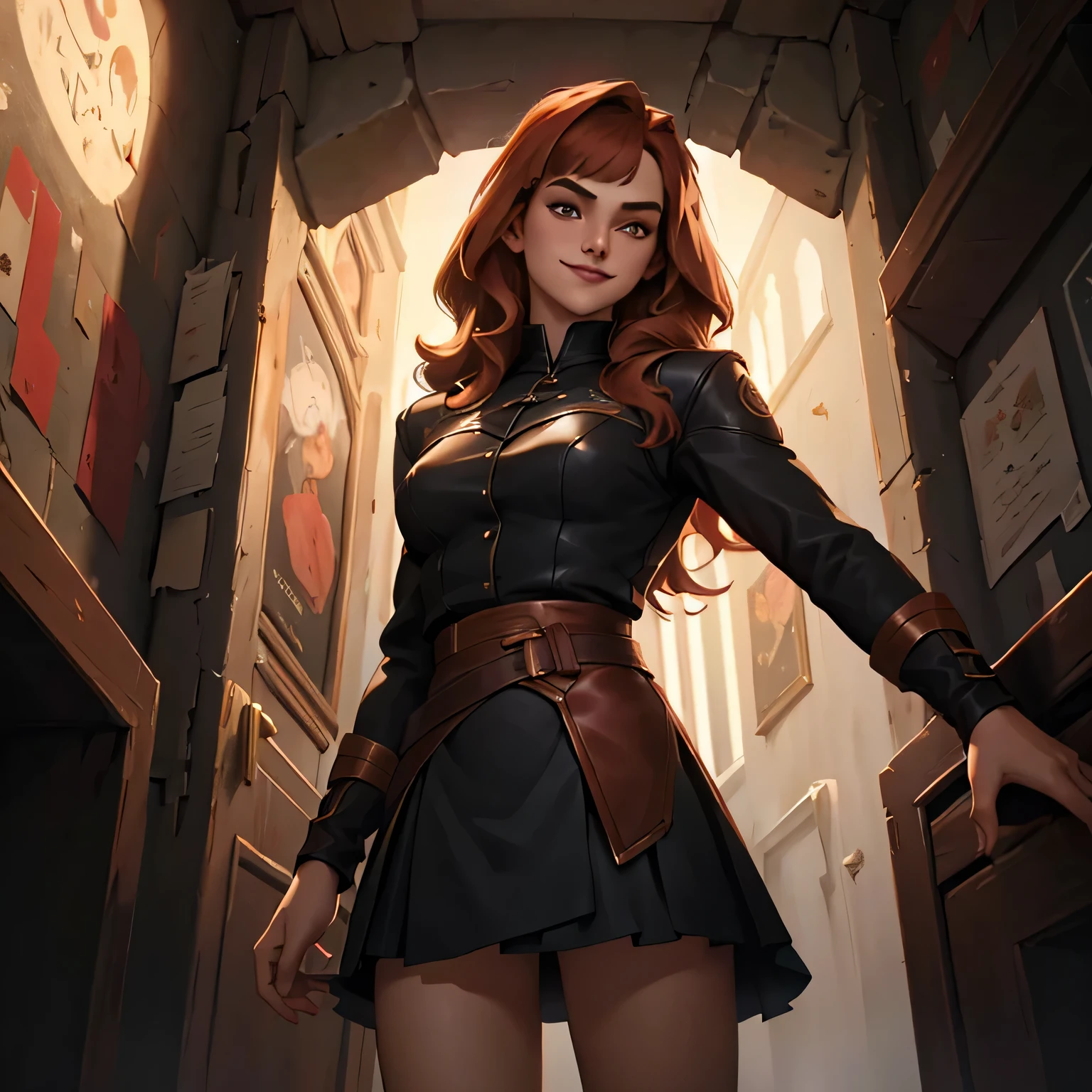 splash art of an eighteen year old, cute divine beauty, round face , pale clear skin, long straight wavy hair with light copper colored bangs , perfect body, Dressing:  black clothes and wears a black leather skirt with red details, skirt with dark red cloths, formal pose close up, smiling with your mouth closed