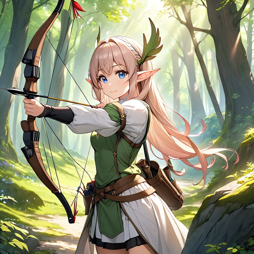 (masterpiece:1.2),(anime),(Medieval Background),(Elf Sisters)、((Preparing the bow)),((Shooting a bow))、Rogue Outfit、(Shooter)、In the woods、((Fantasy)),Fantasy、cute、Light effects,Bow in left hand,Arrow in right hand,Drawing a bow,He has a quiver on his waist,The right hand is placed near the cheek.