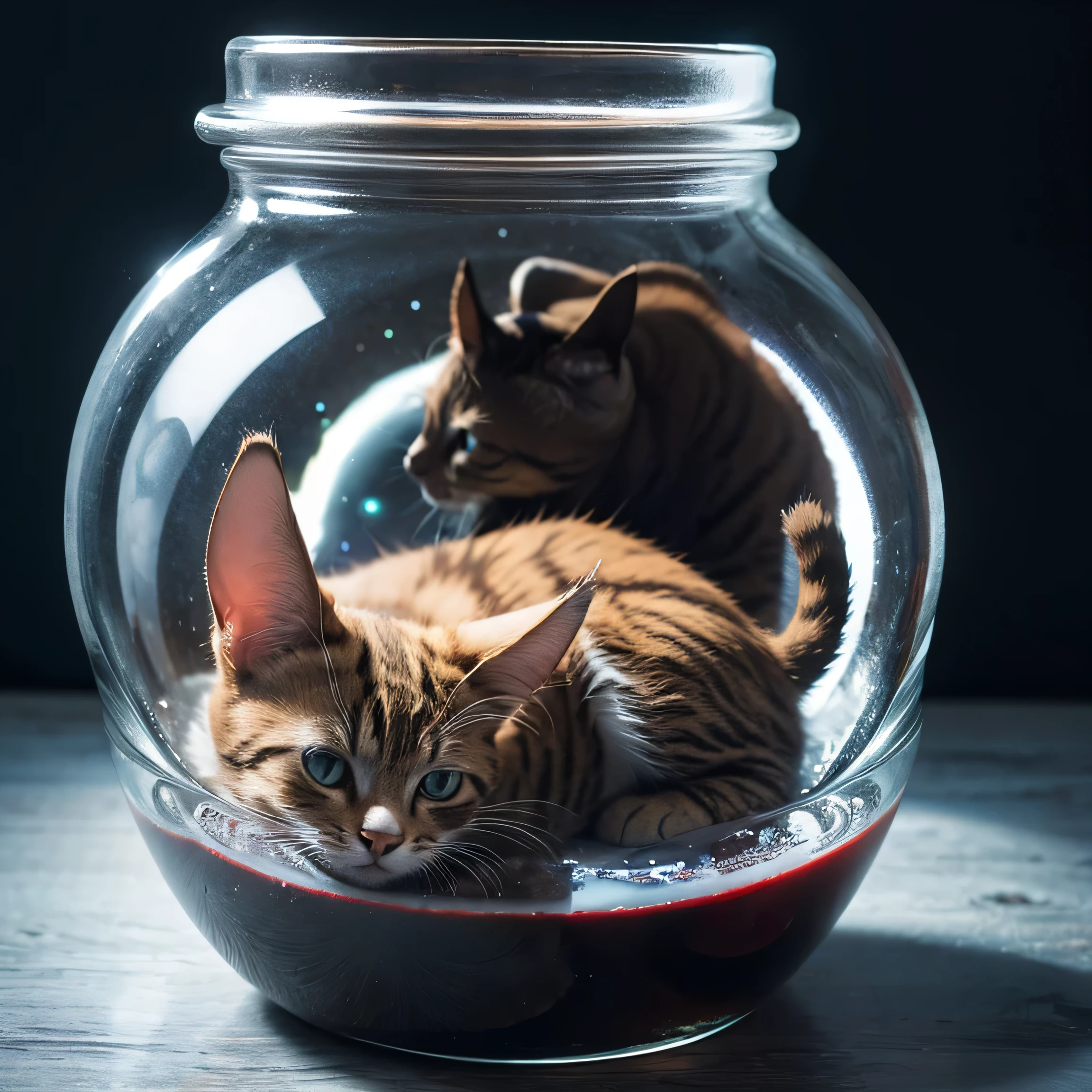 The universe in a jar with a cat looking at it