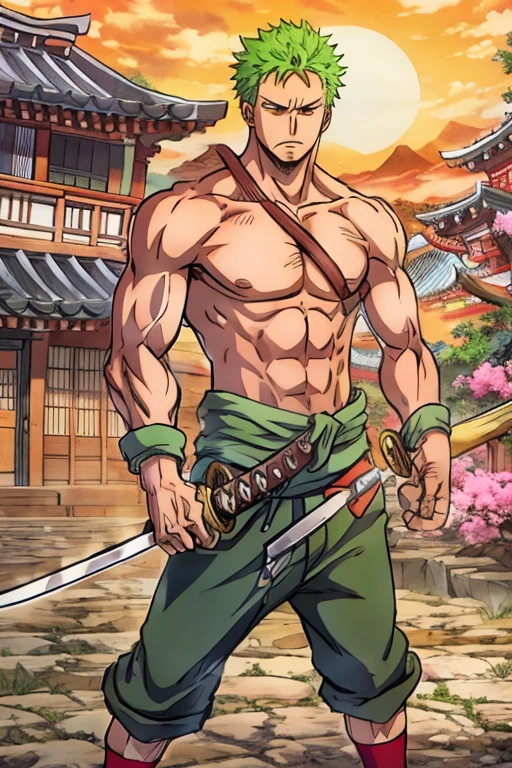 Perfect picture of green hair roronoa zoro with his 3 swords in hd quality. Shirtless, full body naked, exposed vagina, with necklace