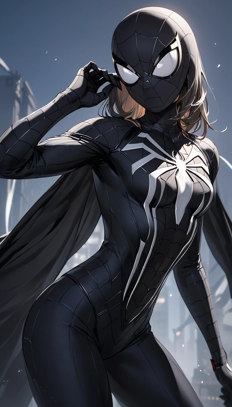 　masterpiece,Highest quality,Absurd,High resolution,4K,Black Spider-Man Suit,Perfect Face,Perfect Eyes,Intricate details,Very detailed, One girl,Sexy pose,(Cowboy Shot:1.2),Black Spider-Man Suit,white,、