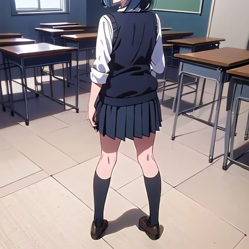 kurokawa akane (oshi no ko),  1girl, solo, blue hair, school uniform, white shirt, ((blue pleated skirt)), collared shirt, indoors, medium hair, sleeves rolled up, blue necktie, black sweater vest, Black high socks, brown loafers, School, class room, desk, chair, evening, (full body1.1),Standing, back, (((not looking back))),