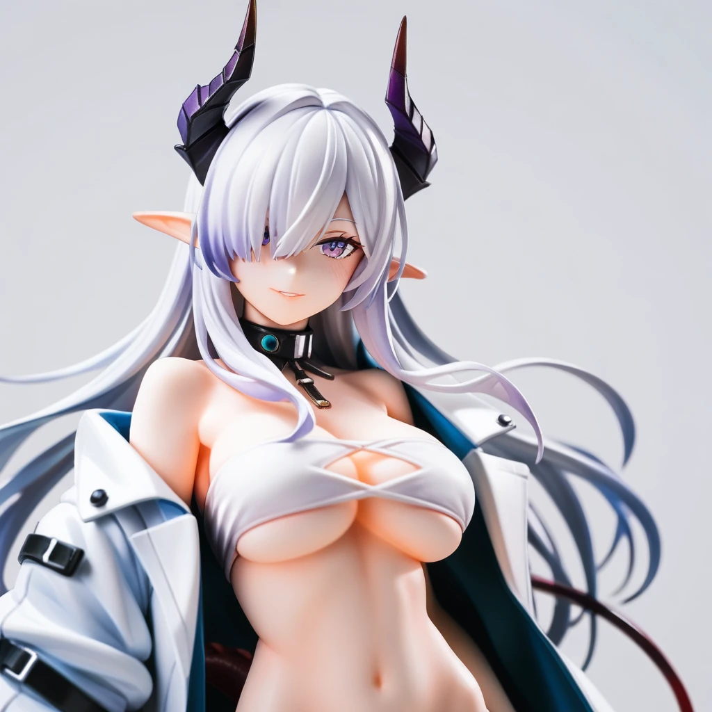 masterpiece, best quality, arknian, 1girl, bandeau, breasts, coat, crop top, hair over one eye, horns, large breasts, long hair, looking at viewer, midriff, navel, open clothes, open coat, parted lips, pointy ears, purple eyes, smile, solo, stomach, strapless, tail, underboob, upper body, white background, white coat, white hair