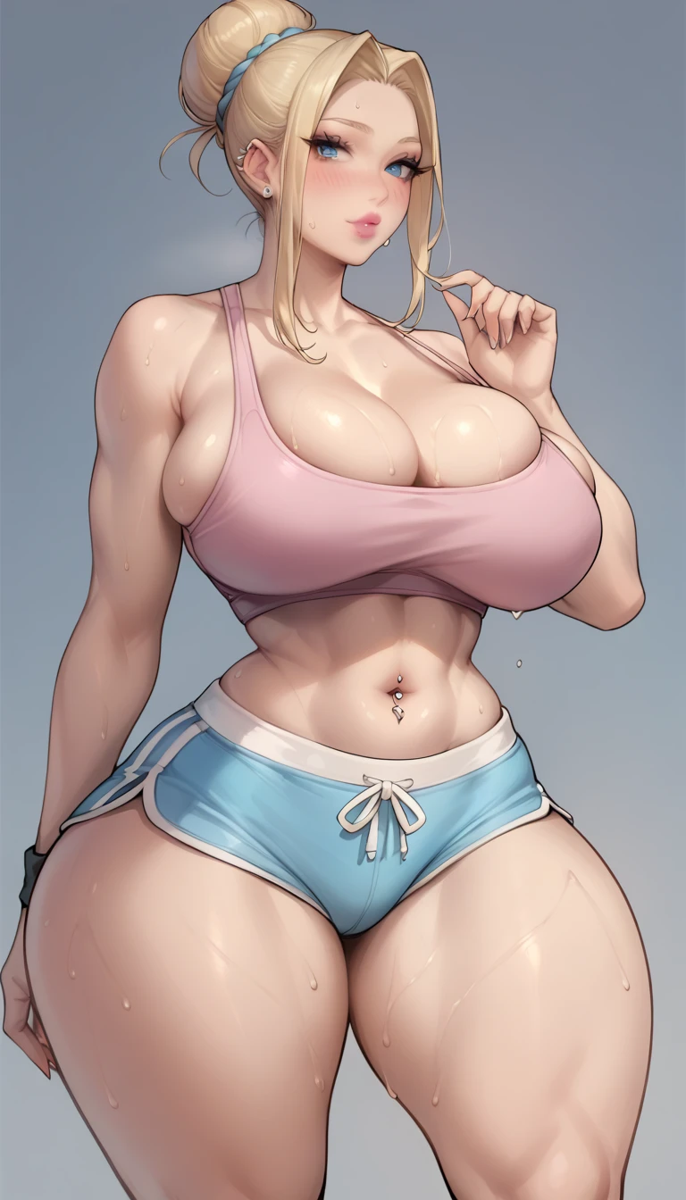 Pele Pálida, 40s, Gordo, Bunda Grande, Rir, Standing, extremely pale fair skin, huge full pink lips, blushing, wearing pink sports bra and gym shorts, large cleavage, narrow waist, extremely wide birthing hips, extremely sweaty body, midriff, navel piercing, blonde hair bun, beautiful big blue eyes, thick thighs, front view,
