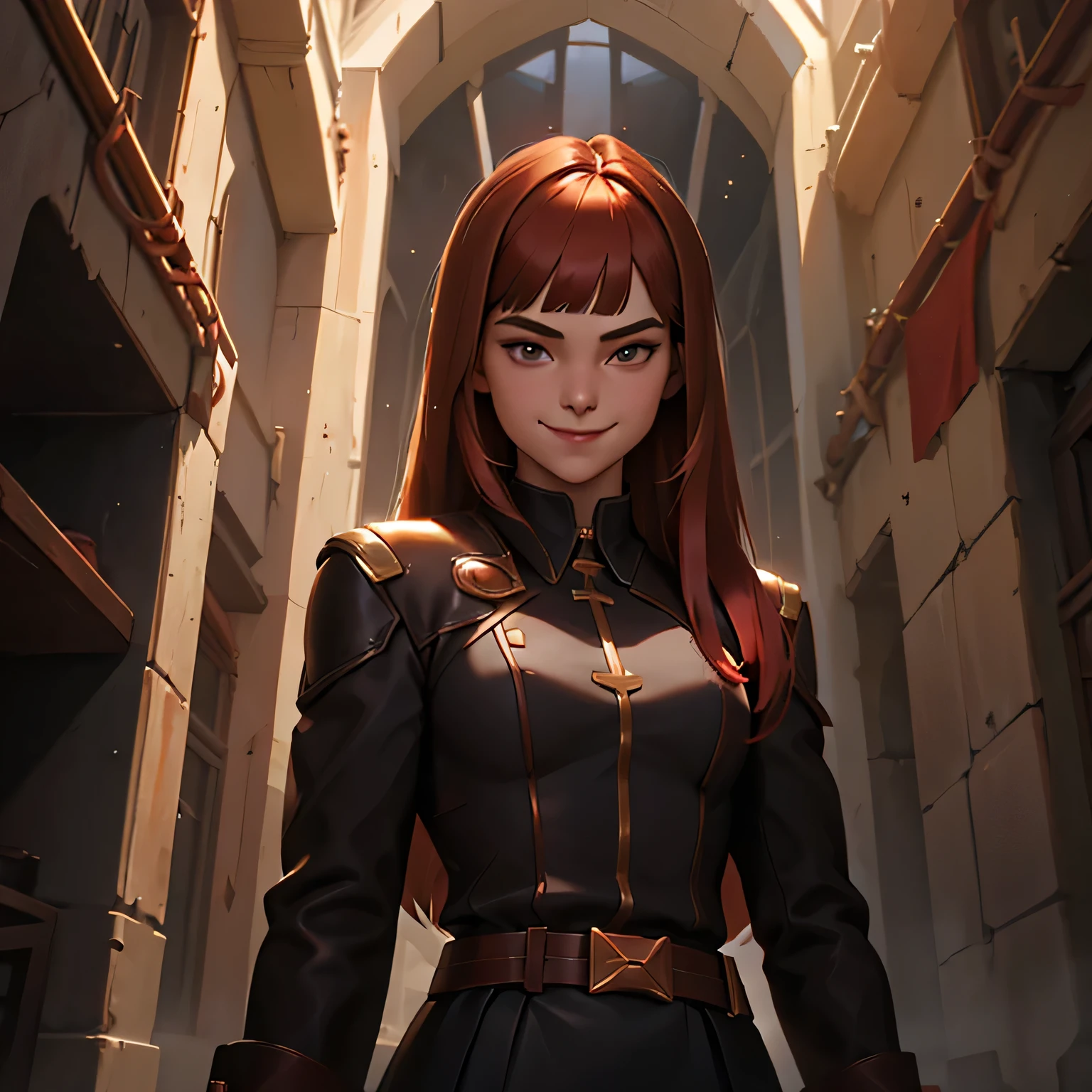 splash art of an , cute divine beauty, round face , pale clear skin, long straight wavy hair with light copper colored bangs , perfect body, Dressing:  black clothes and wears a black leather skirt with red details, skirt with dark red cloths, formal pose close up, smiling with your mouth closed