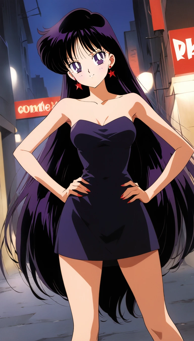 aamars, very long hair, black hair, parted bangs, purple eyes, 1990s \(style\), 1 girl, solo, Best quality, masterpiece, High Definition, strapless, a white strapless tube dress, night, street, standing, red high heels, sexy posing, cowboy shot, medium breast, smile, full body, dutch angle, hands on hip