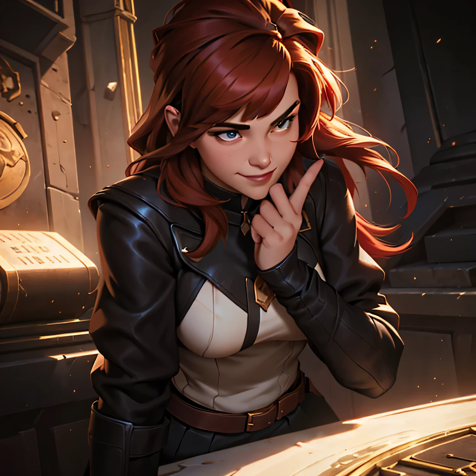 splash art of an  girl, cute divine beauty, round face, pale fair skin, long straight wavy hair and light copper colored bangs, perfect body, wearing: black clothes and wears black leather skirt with red details, skirt with dark red cloths, formal pose close up, smiling cute with closed mouth