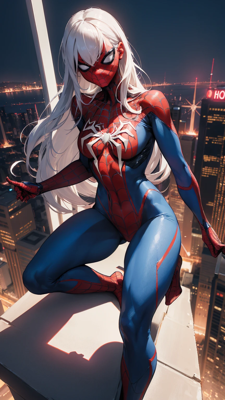 (Masterpiece, 4k resolution, ultra-realistic, very detailed), (White superhero theme, charismatic, there's a girl on top of town, wearing Spider-Man costume, she's a superhero), [ ((25 years), (long white hair:1.2), full body, (blue eyes:1.2), ((Spider-Man pose),show of strength, jumping from one building to another), ((sandy urban environment):0.8)| (cityscape, at night, dynamic lights), (full moon))] # Explanation: The Prompt mainly describes a 4K painting of ultra-high definition, very realistic, very detailed. It shows a superheroine at the top of the city, wearing a Spider-Man costume. The theme in the painting is a white superhero theme, the female protagonist has long white hair, is 25 years old and her entire body is shown in the painting. In terms of portraying the actions of superheroines, spiders are employed