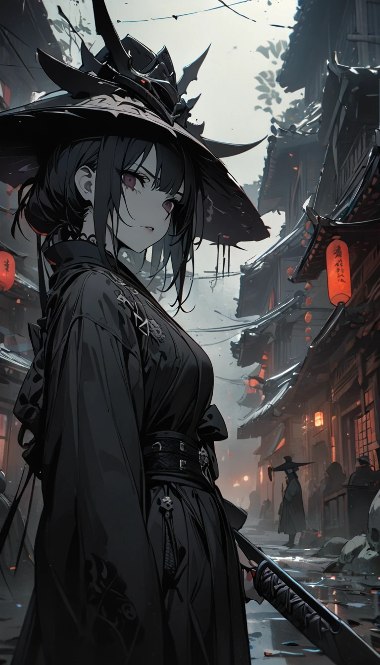 1girl,solo,gothic,samurai,holding weapon, intricate detail, scattered glass effects on the foreground,cinematic view, eerie enviroment, sharp hat,(masterpiece:1.4),(best quality:1.3)