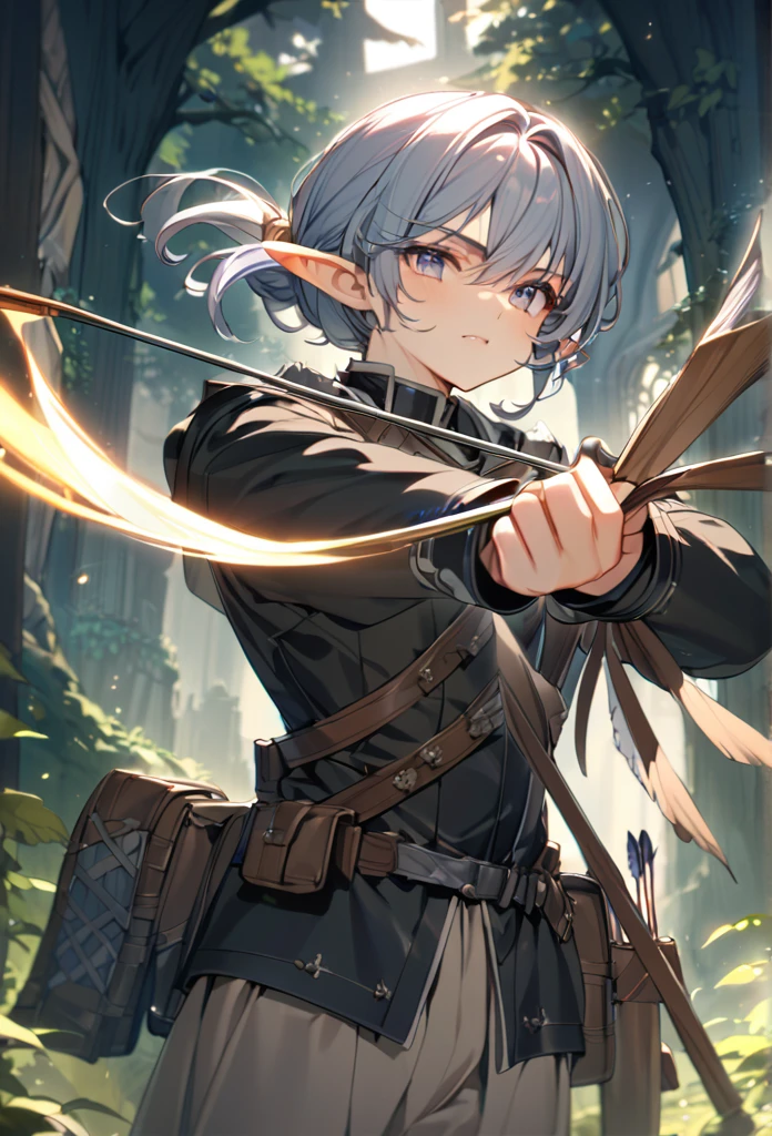 (masterpiece:1.2),(anime),(Medieval Background),(Elf Sisters)、((Preparing the bow)),((Shooting a bow))、Rogue Outfit、(Shooter)、In the woods、((Fantasy)),Fantasy、cute、Light effects,Bow in left hand,Arrow in right hand,Drawing a bow,He has a quiver on his waist,The right hand is placed near the cheek.,Aiming with face tilted