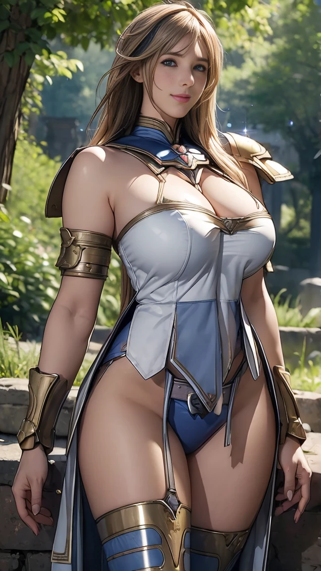 Browsing Caution,Functional, Long blonde hair, Thick thighs, 8k, 4K, Please redeem, (High resolution:1.6), Cute anime face, Noise Reduction, (Sparkling Blue Eyes, A kind smile:1.3, Kind eyes:1.3)、Toned Abs, Muscular arms, Muscular legs,  Young Face, Anime Eyes, Sophitia Alexandra、(Left Arm Shield:1.5)、(SFW Giant:1.9)、(Beautiful Nose:1.5)、[[[[Long tights、Knee-high boots、(Garter belt:1.5)、Beautiful Hands、Beautiful fingers、(High cut thong:1.5),In the woods、