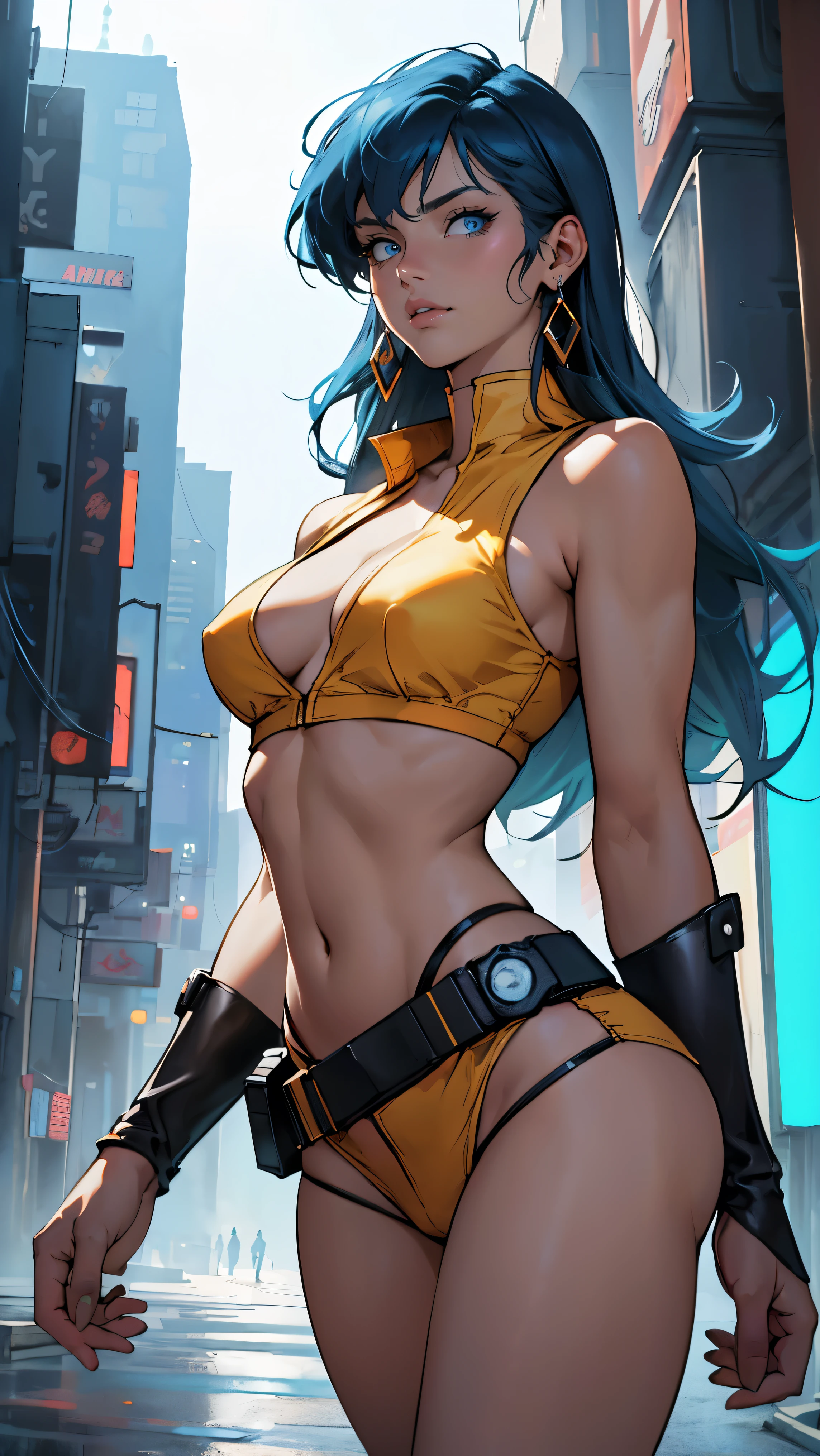 ((Masterpiece, highest quality; 1.3)), super quality, beautiful detail, super detailed, extra fine, 16K, exquisite, absurd, high resolution, beautiful background, detailed background, beautiful eyes, beautiful skin, anime style, dirtypairyuri, Dirty Pair Yuri in a skimpy light yellow outfit, long blue hair, blue eyes, earrings, white yellow uniform, white crop top, cutout, sleeveless, wearing tight clothing, skimpy, (breasts: 1.2), cleavage, cleavage, , obliques, fit arms, slim waist, ((wide hips)), fit thighs, (thigh gap), showing stomach, skinny frame, cyberpunk city background, holding a retro space gun