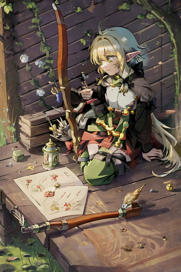 (masterpiece:1.2),(anime),(Medieval Background),(Elf Sisters)、((Preparing the bow)),((Shooting a bow))、Rogue Outfit、(Shooter)、In the woods、((Fantasy)),Fantasy、cute、Light effects,Bow in left hand,Arrow in right hand,Drawing a bow,He has a quiver on his waist,The right hand is placed near the cheek.,Aiming with face tilted