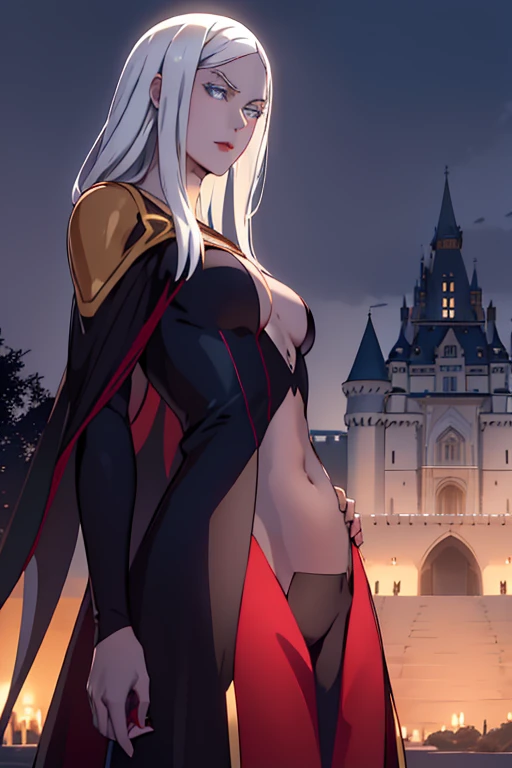 carmilla, medium breasts, black dress, by white, beautiful face, blue eyes, (masterpiece1.2), Better quality, absurdities, high resolution, Extremely detailed wallpaper, perfect lighting, from below, Blue eyes, ((castillo, View of the castle, outdoors, de Evening, Evening, at night))