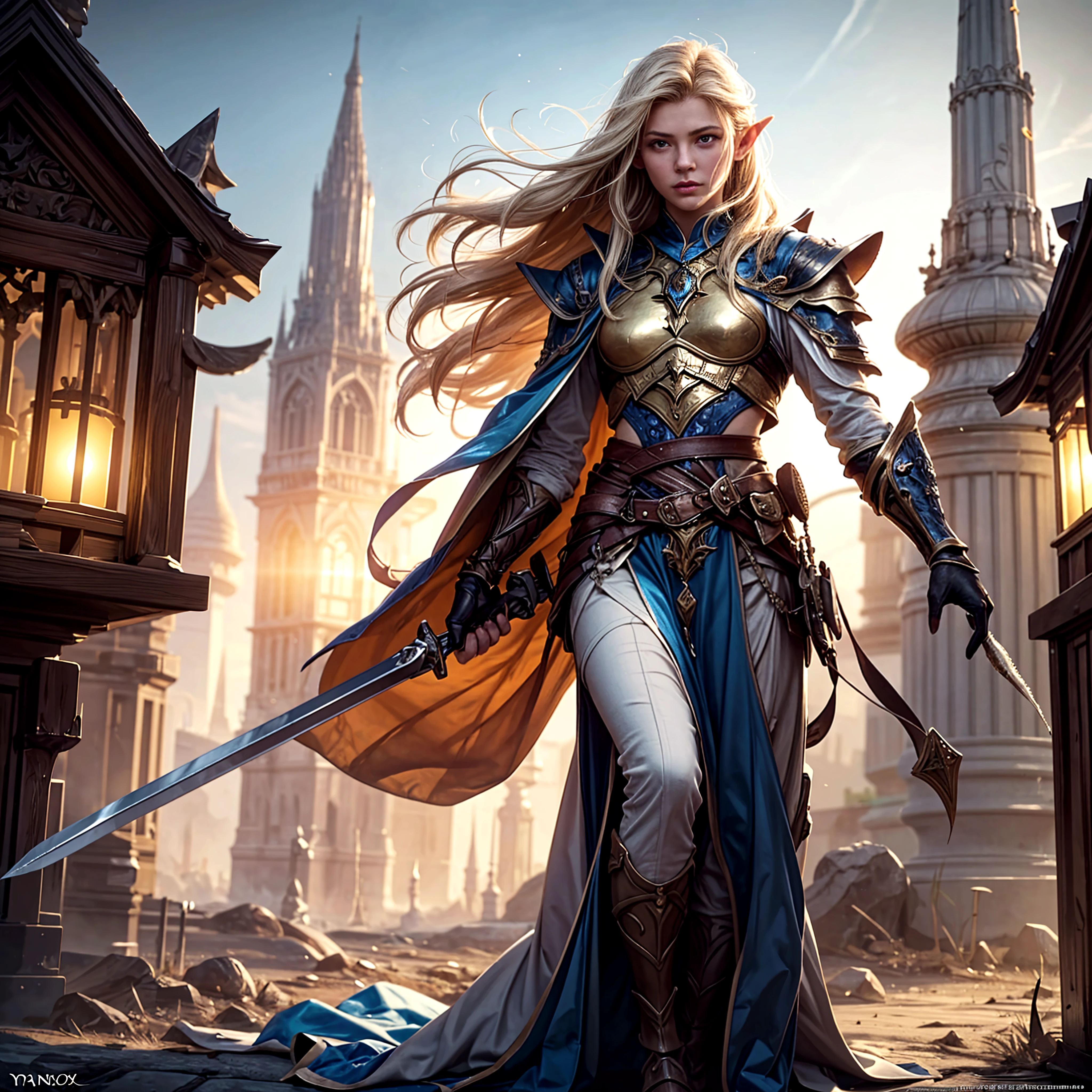 a picture of a female elf (intense details, Masterpiece, best quality: 1.5) fantasy swashbuckler, fantasy fencer, armed with a slim sword, shinning sword, metallic shine, colorful clothes, an ultra wide shot, full body (intense details, Masterpiece, best quality: 1.5)epic beautiful female elf (intense details, Masterpiece, best quality: 1.5), rich hair, braided hair, small pointed ears, fantasy urban street (intense details, Masterpiece, best quality: 1.5),  purple cloak  (intense details, Masterpiece, best quality: 1.5), long cloak (intense details, Masterpiece, best quality: 1.5), elven leather armor  (intense details, Masterpiece, best quality: 1.5) sense of daring, sense of adventure,  high details, best quality, 8k, [ultra detailed], masterpiece, best quality, (extremely detailed), dynamic angle, ultra wide shot, photorealistic, RAW, fantasy art, dnd art,fantasy art, realistic art,