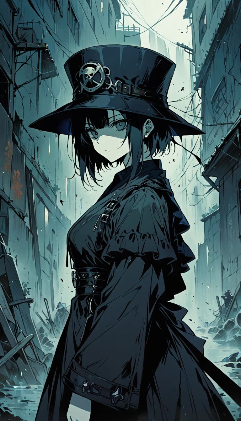 1girl,solo,gothic,samurai,holding weapon, intricate detail, scattered glass effects on the foreground,cinematic view, eerie enviroment, sharp hat,(masterpiece:1.4),(best quality:1.3)