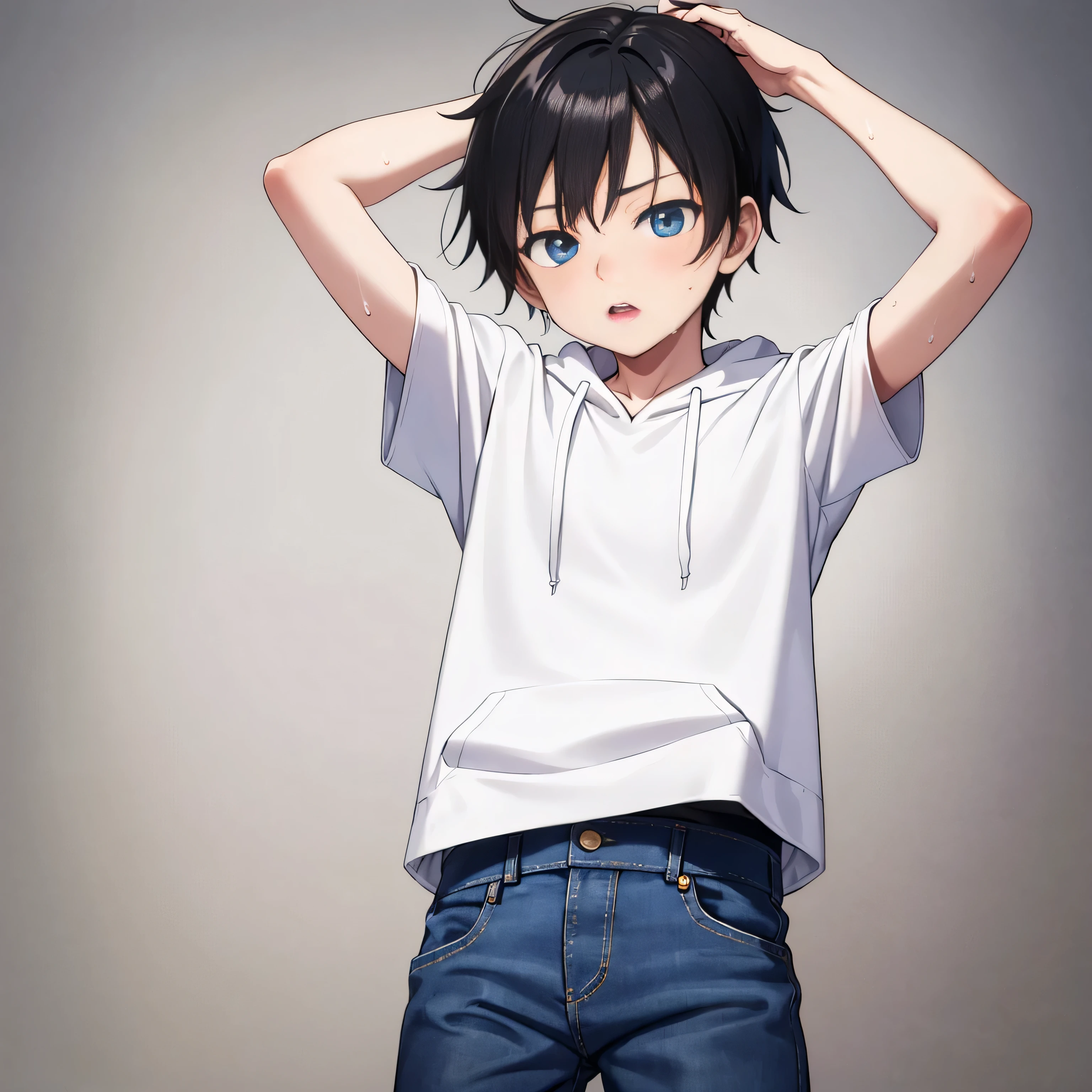 highres,Masterpiece, Best quality at best,Best Quality,hight quality, hight detailed, realistic, photorealistic, Anime style, 1boy, Little Boy, Shota, Simple beckground, Adorable boy, Cute boy, Cheerful boy, Sleeveless hoodie, Shorts, (showing armpit, Smooth armpit), boy focus, Uhd, 4k