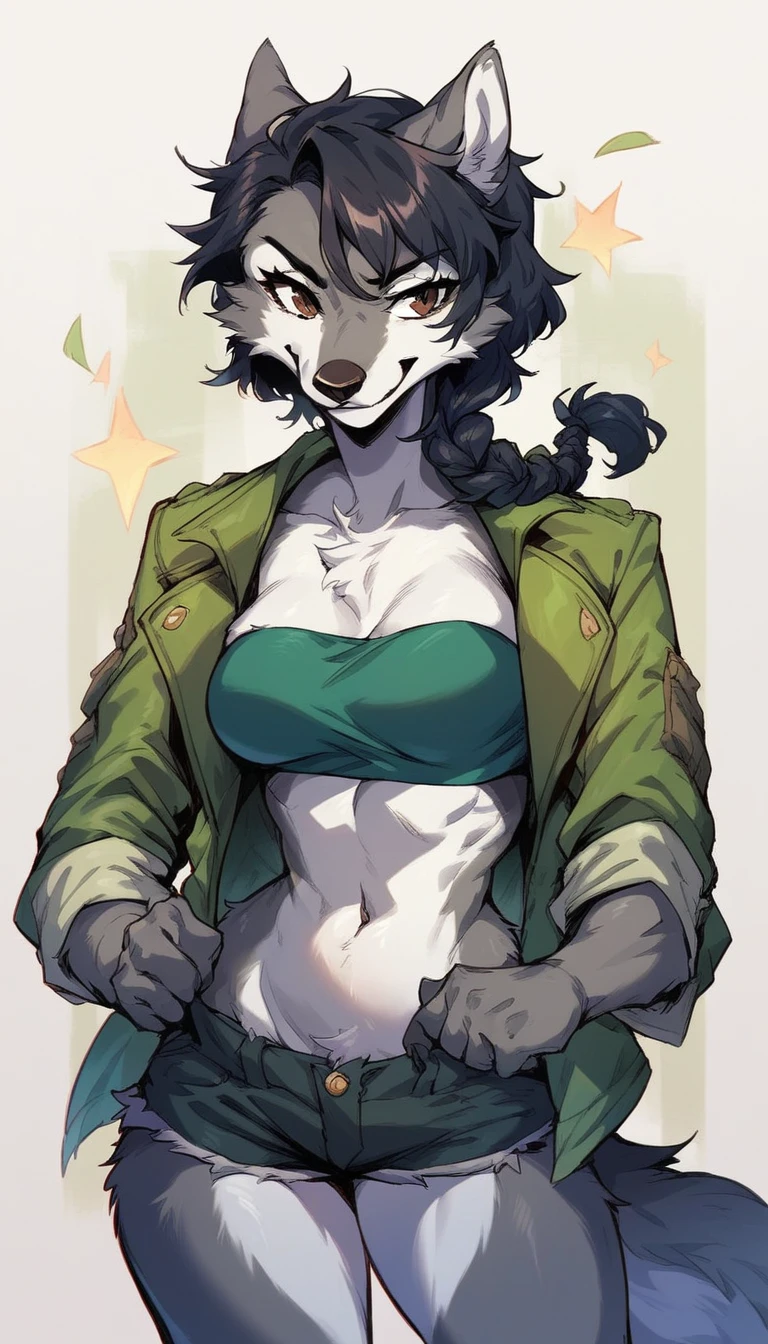 Solo, score_9, score_8_up, score_7_up, anthro furry female wolf, gray fur, braid black hair, defined tummy, brown eyes, medium breasts, wearing a green jacket, a black bandeau and a shorts, standing, sexy pose, whole body, smirking.