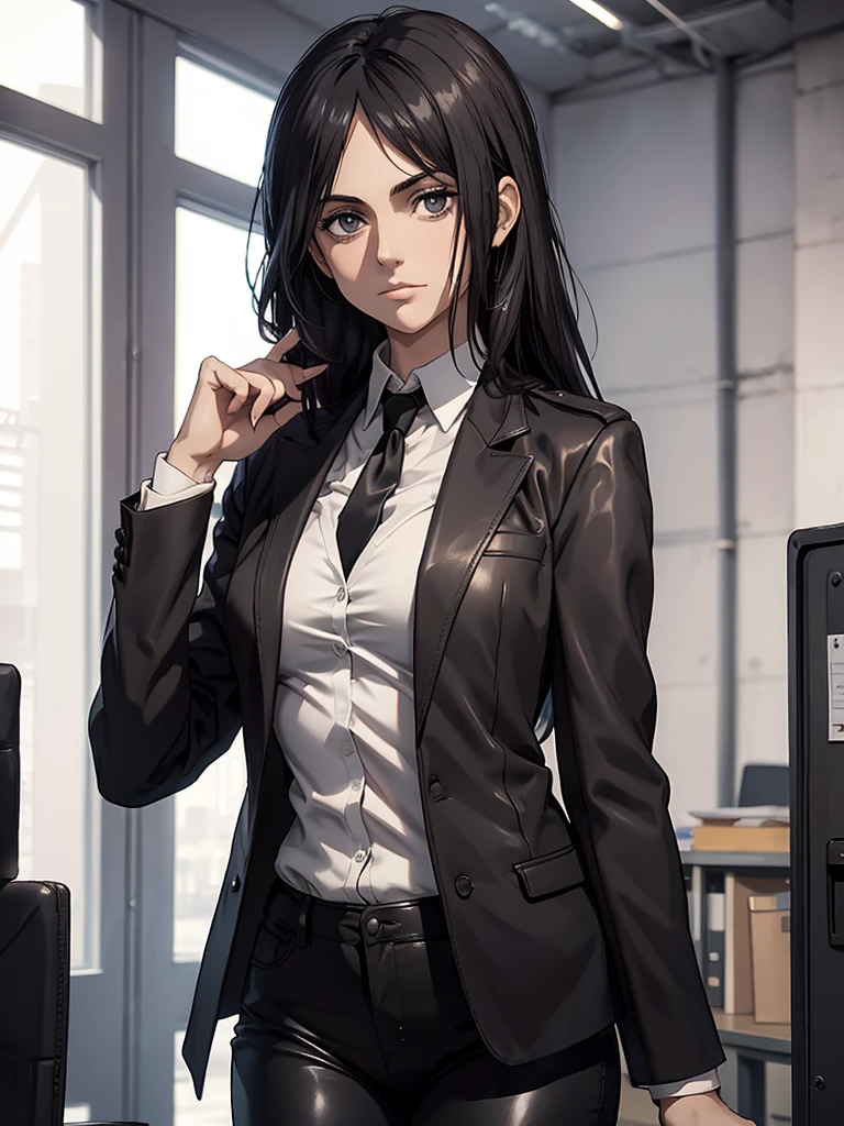 Pieck finger, ((master part)), best quality, 1girl, 1girl, solo, office lady, white shirt, black necktie, black leather blazer, black leather pants, hot, in the office principal, black leather, leather suit, shinny leather outfit, leather vest
Looking at viewer, High Resolution, 