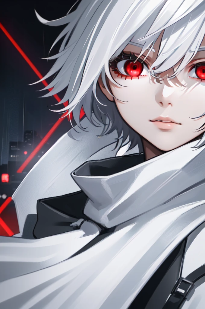 kk, best quality, more details, masterpiece, 1boy, kaneki ken, portrait, male focus, red eyes, solo, bangs, looking at viewer, hood, short hair, rain, tokyo tokyo \(city\),  hood up, nail polish, white hair, luxurious, 8k, detailed, ray tracing, depth of field, cinematic lighting,