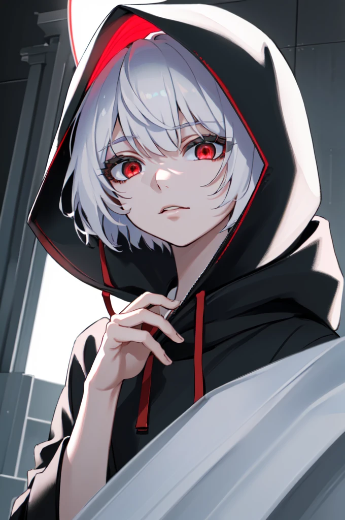 kk, best quality, more details, masterpiece, 1boy, kaneki ken, portrait, male focus, red eyes, solo, bangs, looking at viewer, hood, short hair, rain, tokyo tokyo \(city\),  hood up, nail polish, white hair, luxurious, 8k, detailed, ray tracing, depth of field, cinematic lighting,