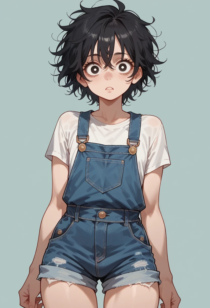 (masterpiece), best quality, expressive eyes, perfect face, tomgirl, femboy, black hair,  messy hair, overalls shorts,