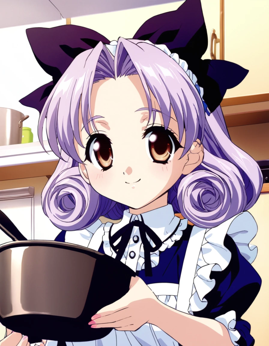 shirayuki, pastel purple hair, curly hair, forehead, (hair bow), cute girl, petite, small smile, (close up face), brown eyes, frilly maid dress, apron dress, (cooking), kitchen, absurdres, (best quality, masterpiece), ultra detailed anime screencap, 