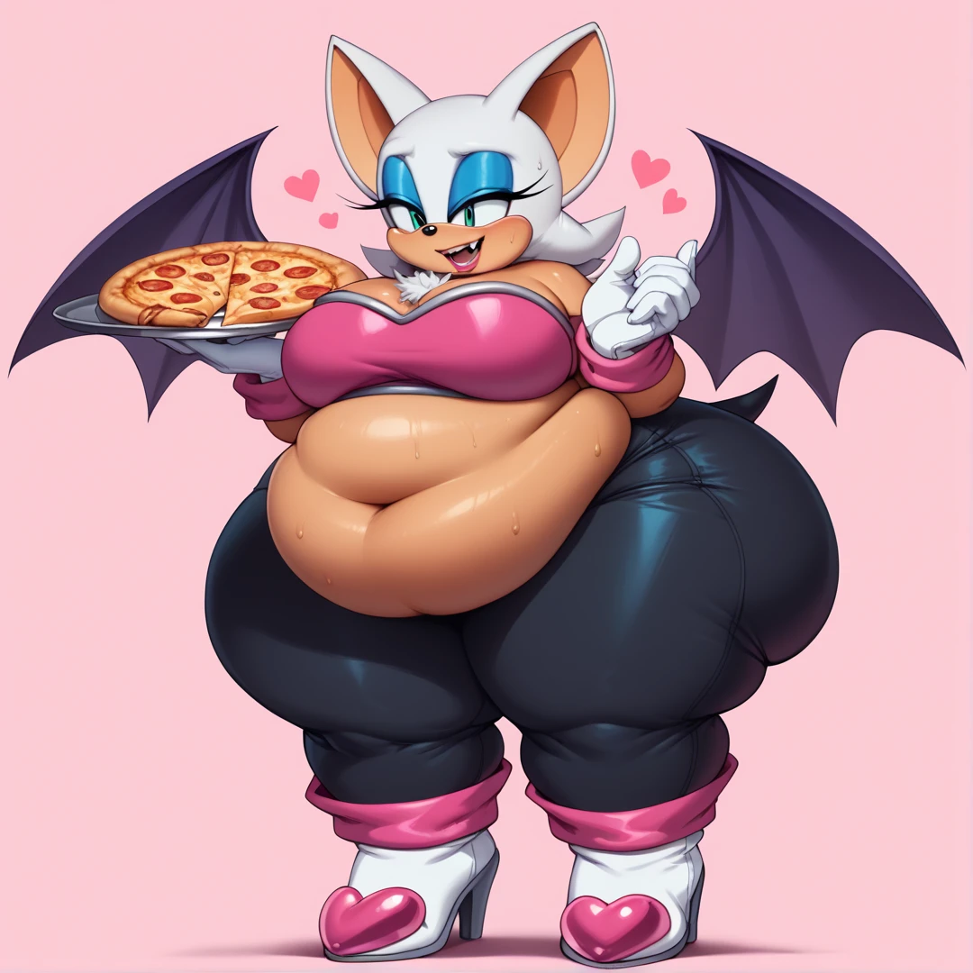 1girl, anthro,  focus, snout, long snout, long ears, blob, hyper_fat, gigantic_belly, fat face, chubby cheeks, double chin, blob, fat arms, wide angle, solo, chest tuft, long tail, ,moobs, female , open mouth, vampire fangs, sexy
furry,Rouge the bat, makeup, green eyes, bat ears, white hair, blue eyeshadow, eating much pizza
Rouge the Bat, Rouge (Sonic), white hair, dark skin, turquoise eyes, black skintight pants, pink heart shaped chestplate top with white trim, cleavage, tall white gloves, white high heeled boots with pink cuffs, short pointy bat tail, plump, wide, soft, Big fat Butt,
,rougethebat, bodysuit, gloves, boots,Fat, Fat rolls, Big belly, Massive belly, Obese, Weight Gain, BBW, Massive and fatty belly, sweating, Burping, Burping character, pink background