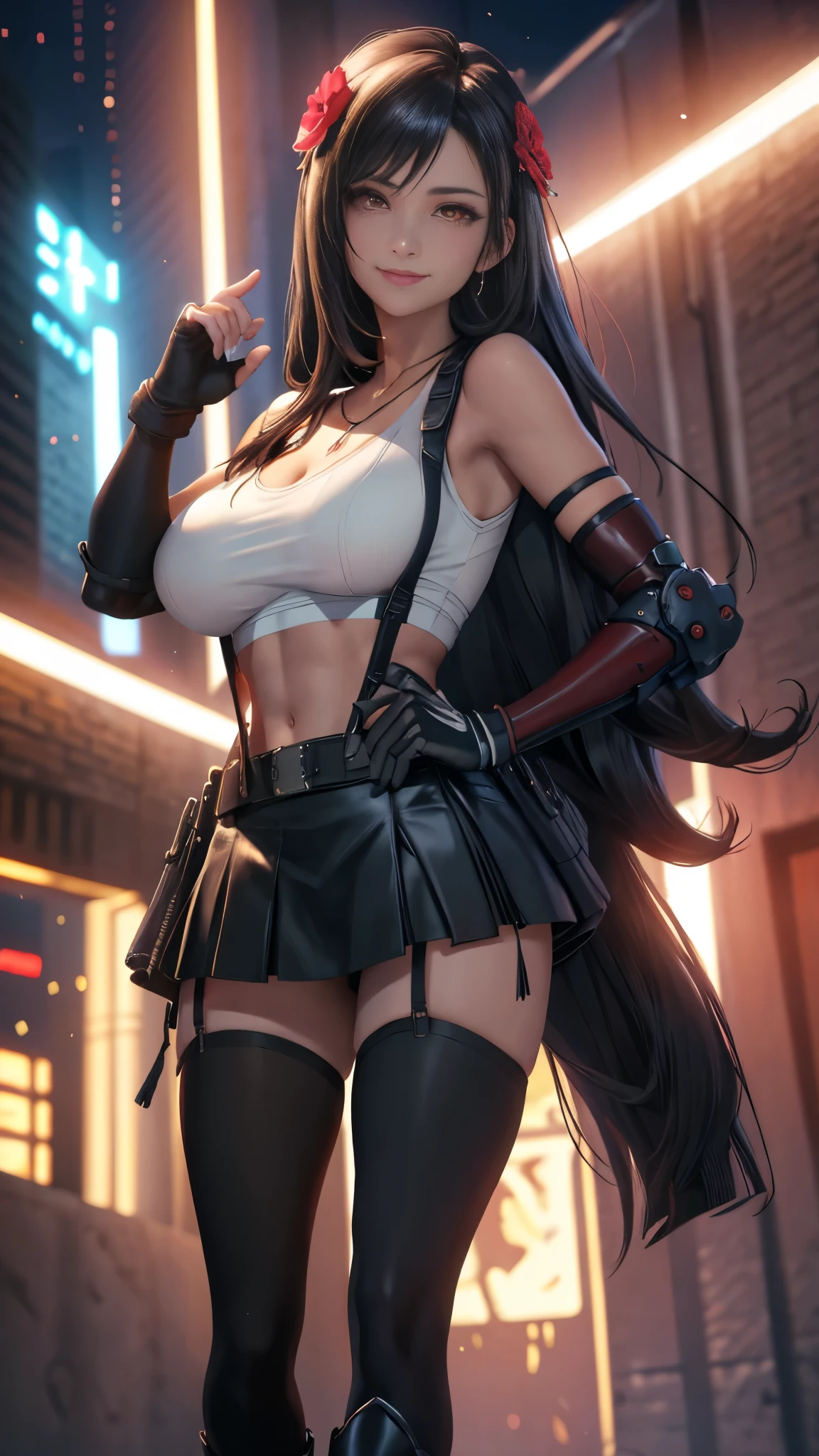 (8K, best quality, masterpiece:1.2), (actual, photo-actual), Super detailed, 1 girl,Lovely, alone, (Tifa Lockhart), (huge breasts), (Smile:1.2), (Keep your mouth shut), posture, 摆posture, neon lights, city View, depth of field, depth of field, good composition, Final Fantasy VII, ankle boots, black hair, black Raise your legs high, Red boots, Elbow gloves, Elbow pads, fingerless gloves, tight shirt, Good at sports, (Suspenders attached to skirt), Raise your legs high, (white vest), whole body, Very long hair, ((Red_Eye)), flower, (night), Bokeh, movie lighting, National Science Foundation, perfect breasts, sakimychan style，Huge bresats，，Smile，necklace