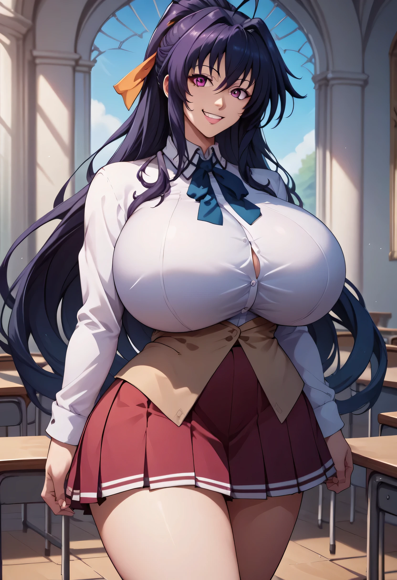 An anime-style artwork depicting akeno himejima from the anime from the anime High School DxD Tags: akenohimejimaSDXL, , (school uniform:1.1), (black hair:1.1), purple eyes, looking at viewer, long hair , anime, detailed eyes, detailed lips, ass, 1girl, solo, huge breasts, smiling expression, intense gaze, dynamic pose, indoor, palace, vibrant colors, digital art, high-resolution, professional quality, gigantic breasts, cleavage), curvy, cowboy shot, (gigantic breasts: 1.1),