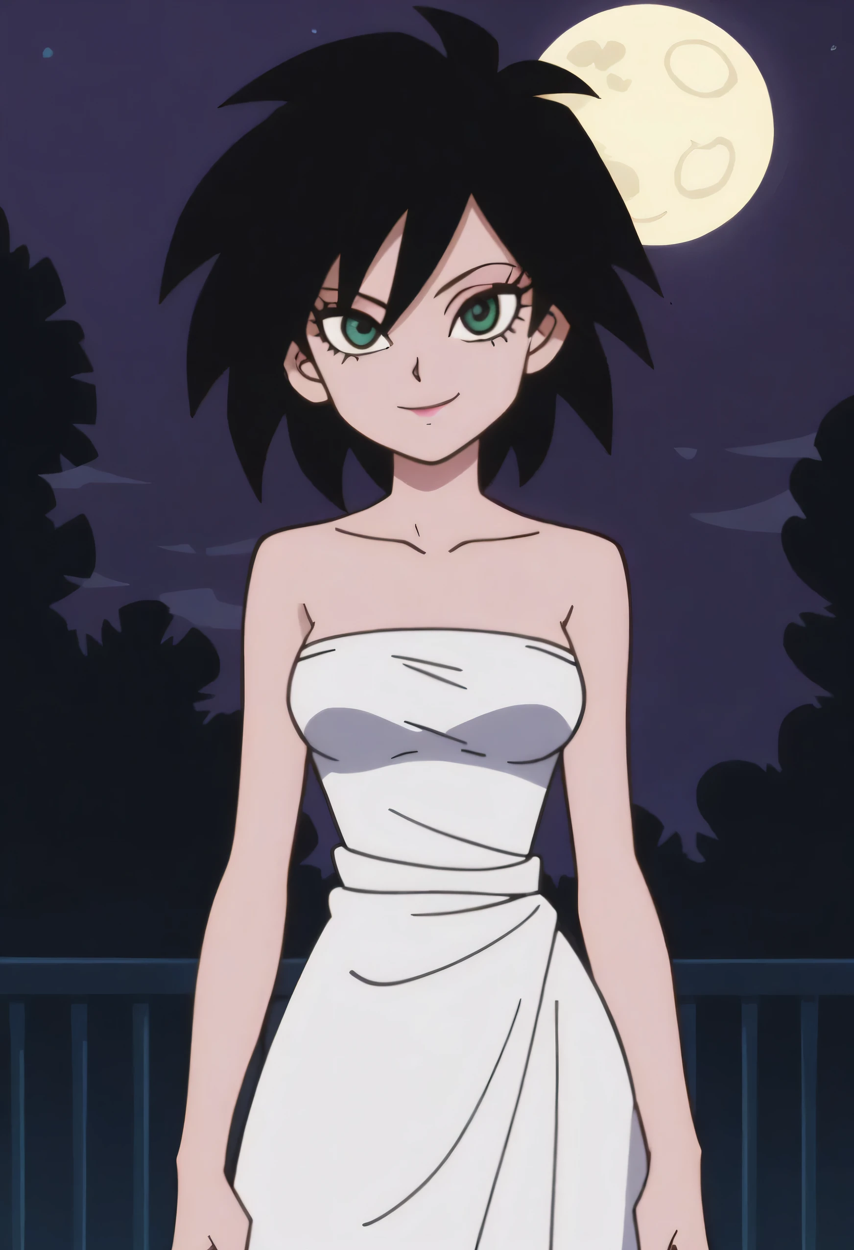 p&s style, rating_safe, score_10, sharp, anime screencap, flat shadows, flat colors, gine, 1girl, solo, looking at viewer, black hair, arms by side, outdoors, green eyes, black spiked hair, street, red fingernails, eyelashes, collarbone, cowboy shot, a white strapless skin tight dress, night, standing, upper body, sexy posing, medium breast, smile, Bright lights, a full moon