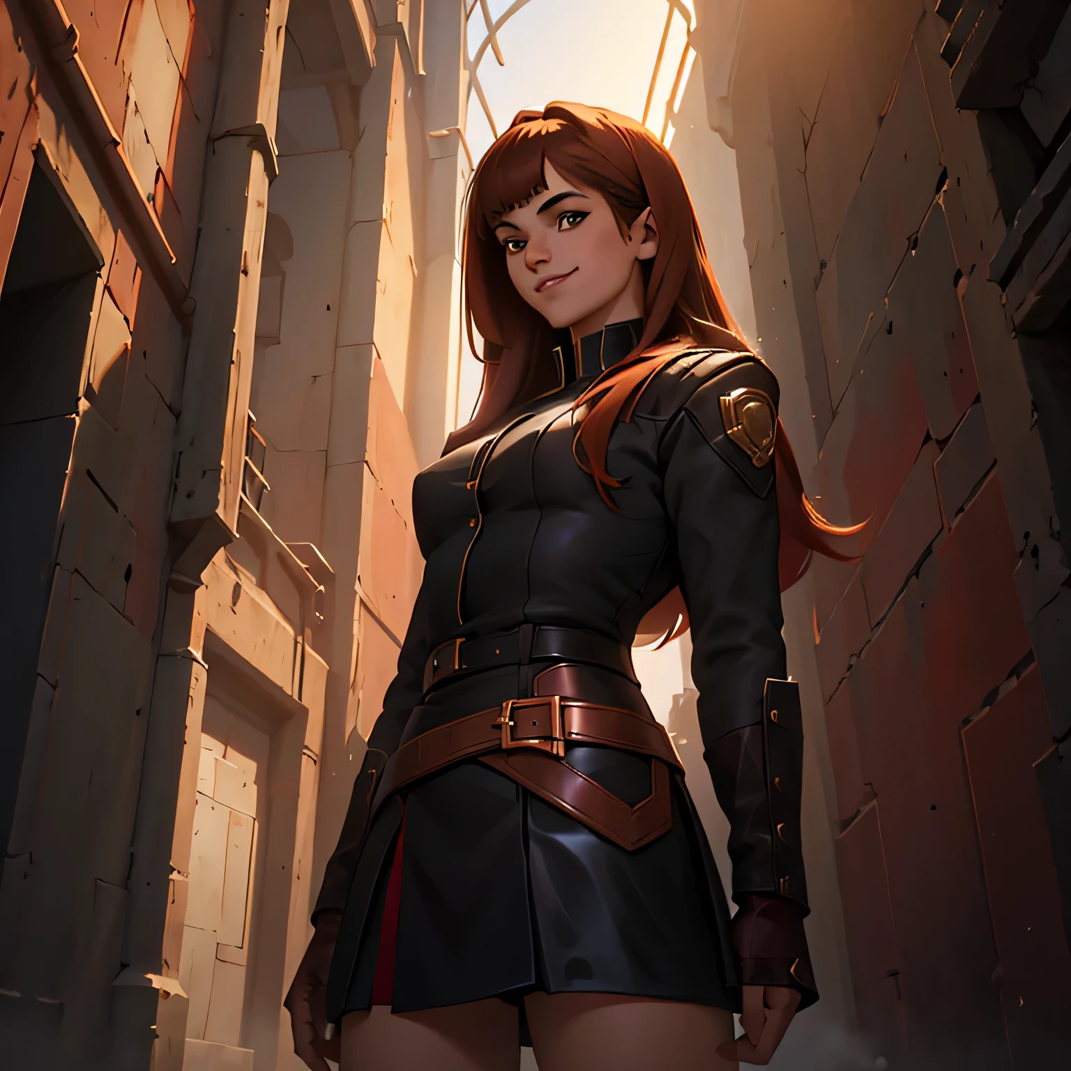 splash art of an eighteen year old girl, cute divine beauty, round face, pale fair skin, long straight wavy hair and light copper colored bangs, brown eyes, perfect body, wearing: black clothes and wears black leather skirt with red details, skirt with dark red cloths, formal pose body and face, smiling cute with closed mouth