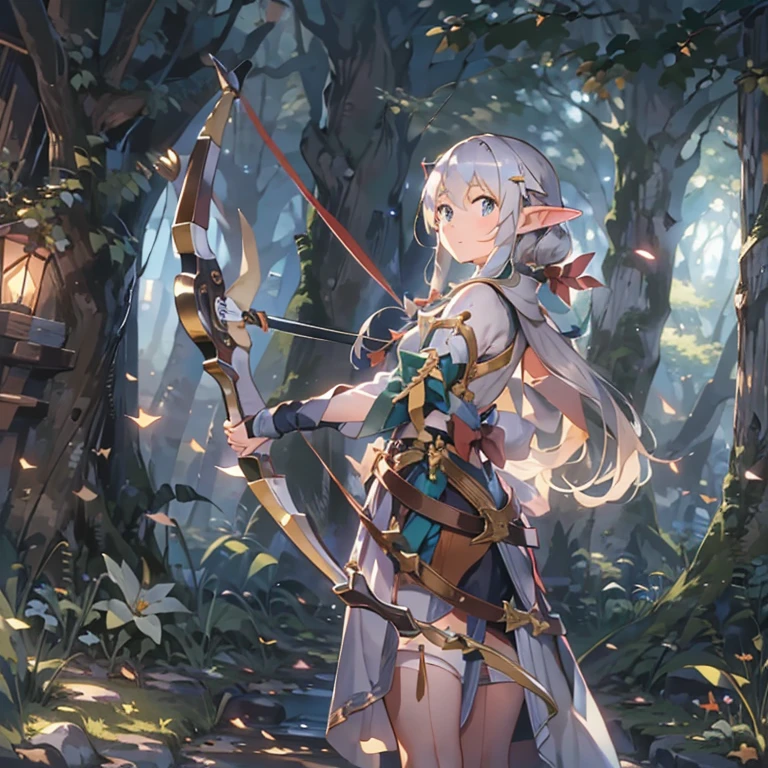 (masterpiece:1.2),(anime),(Medieval Background),(Elf Sisters)、((Preparing the bow)),((Shooting a bow))、Rogue Outfit、(Shooter)、In the woods、((Fantasy)),Fantasy、cute、Light effects,Bow in left hand,He is trying to grab the arrow with his right hand.,Drawing a bow,He has a quiver on his back,