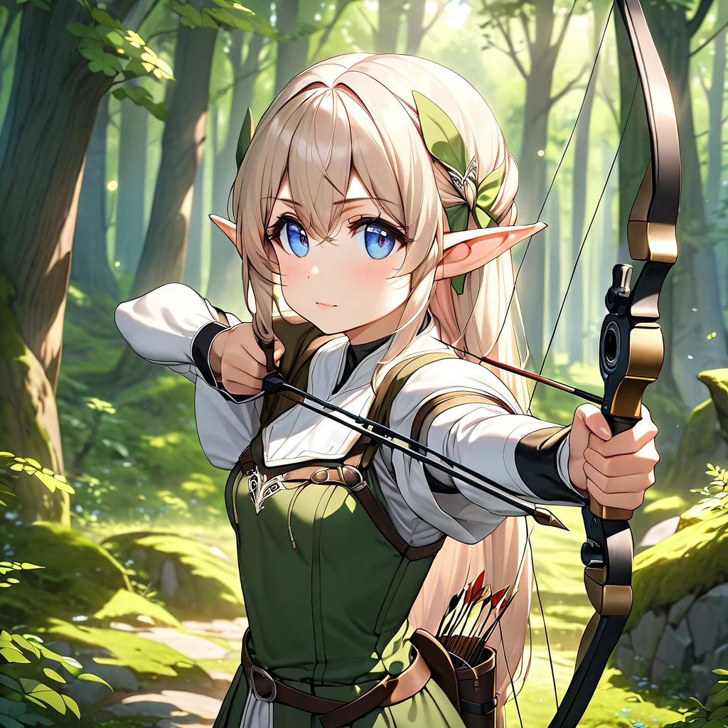 (masterpiece:1.2),(anime),(Medieval Background),(Elf Sisters)、((Preparing the bow)),((Shooting a bow))、Rogue Outfit、(Shooter)、In the woods、((Fantasy)),Fantasy、cute、Light effects,Bow in left hand,Arrow in right hand,Drawing a bow,He has a quiver on his waist,The right hand is placed near the cheek.,Aiming with face tilted