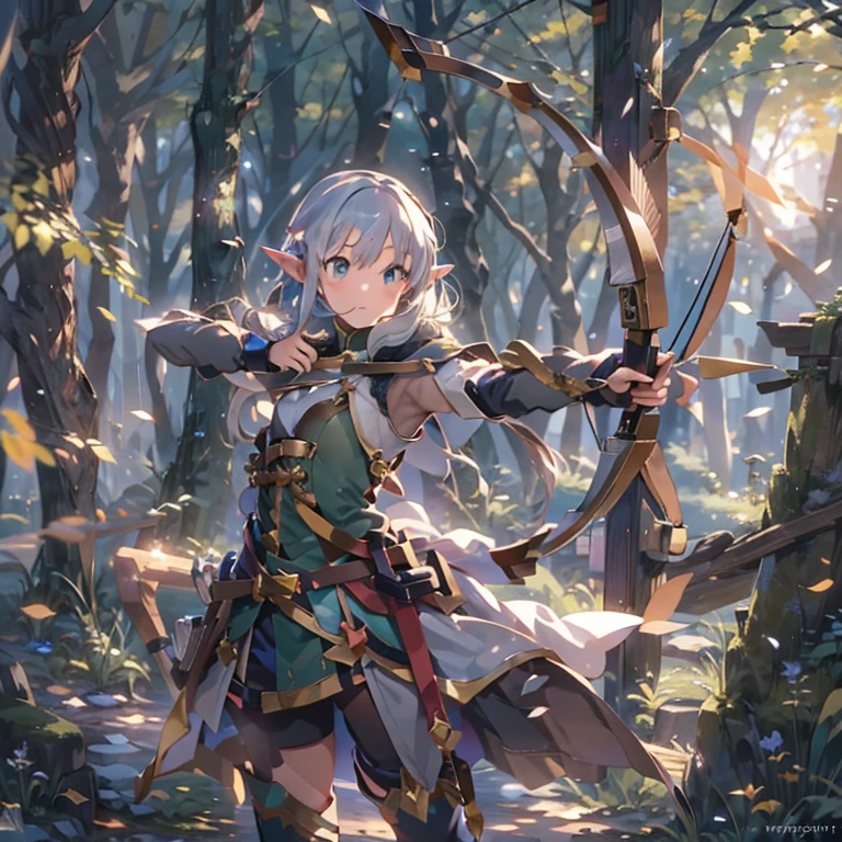 (masterpiece:1.2),(anime),(Medieval Background),(Elf Sisters)、((Preparing the bow)),((Shooting a bow))、Rogue Outfit、(Shooter)、In the woods、((Fantasy)),Fantasy、cute、Light effects,Bow in left hand,He is trying to grab the arrow with his right hand.,Drawing a bow,He has a quiver on his back,Longbow