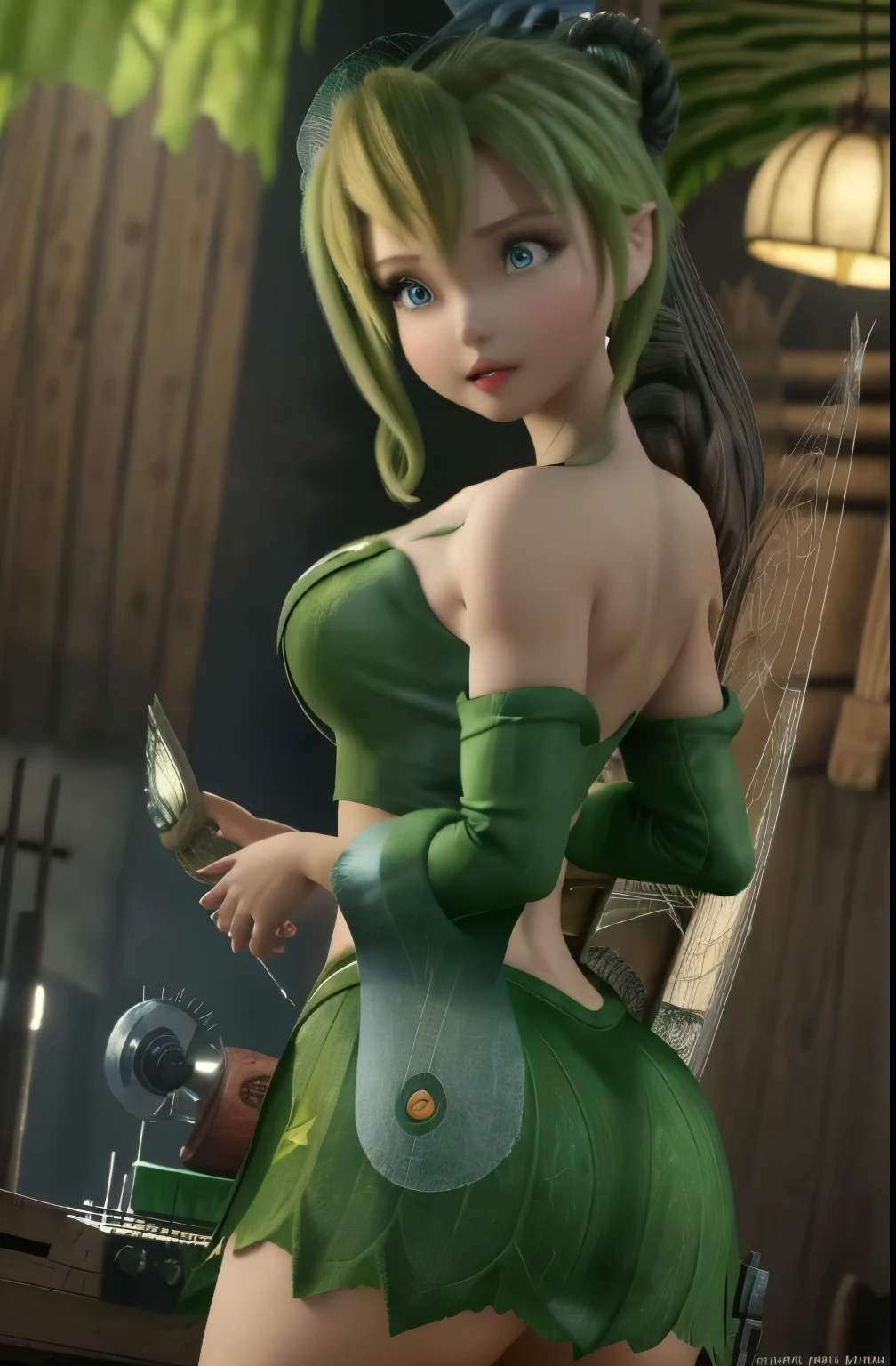 masterpiece, 8k, perfect ligthing, , adult, female, looking at the viewer, cinematic lighting, full-body shot, (TinkerBell:1.5), (TinkerBellWaifu:1.1), single hair bun, (green clothes), ((clothes made of leaves)), (fairy wings:1.2), pointed ears, blue eyes, (detailed eyes:1.2), stirring in the forest, (tinkering:1.6), Gears, abandonments, pulleys, blush, (shrunk),ass lighting