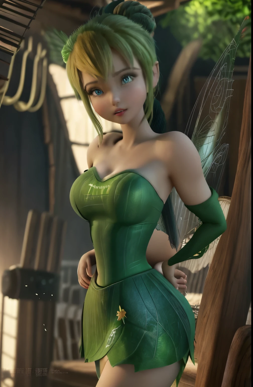 masterpiece, 8k, perfect ligthing, , adult, female, looking at the viewer, cinematic lighting, full-body shot, (TinkerBell:1.5), (TinkerBellWaifu:1.1), single hair bun, (green clothes), ((clothes made of leaves)), (fairy wings:1.2), pointed ears, blue eyes, (detailed eyes:1.2), stirring in the forest, (tinkering:1.6), Gears, abandonments, pulleys, blush, (shrunk),ass lighting