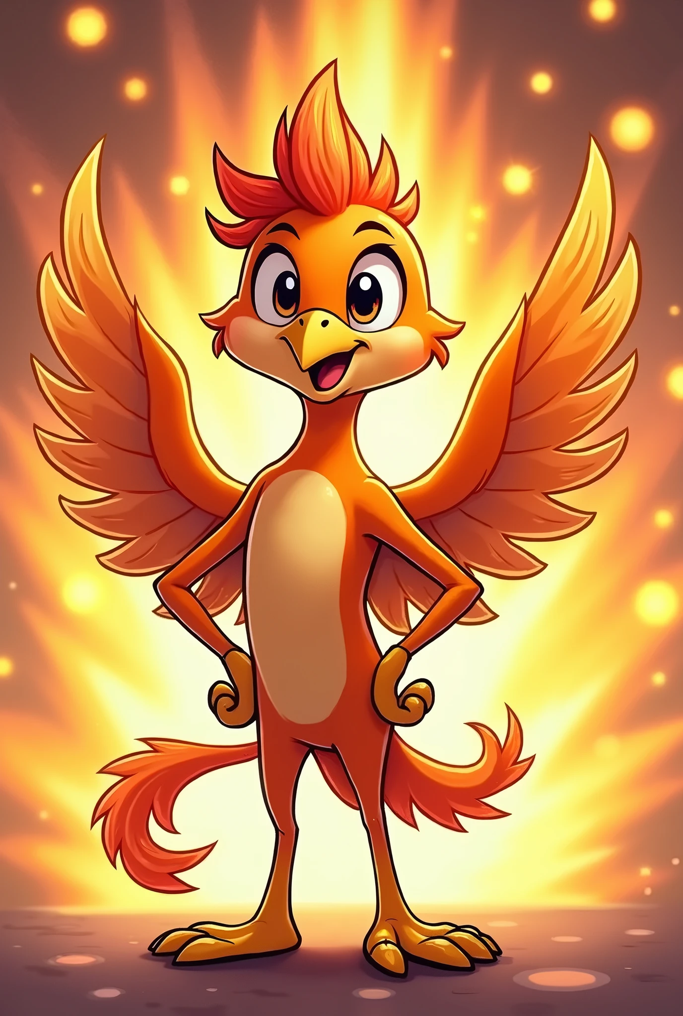 (best quality, masterpiece:1),furry female anthro kazooie bird girl,solo,flying,floating,winged arms,feathered wings,spread wings,bird tail,flat chest,smile,yellow beak,open mouth,looking at viewer,(blue sky clouds background:1),green eyes,<lora:kazooie-v1:1>,