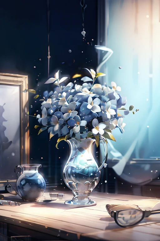 Sketch sky blue lining，fruit，glassware，Dark vase，flowers，cup on the table