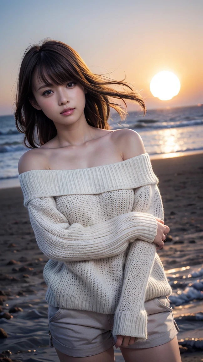 shy smile、((NSFW))、((camel toe))、((female organ:1.1))、(masterpiece, best image quality:1.2), 8k, beautiful girl, (you can see her naked lower body.、I can see your crotch:1.8)、cute face、sunset、Sunset、random model pose、((Wrapping up a very long woolen scarf:1.5))、colorful muffler
